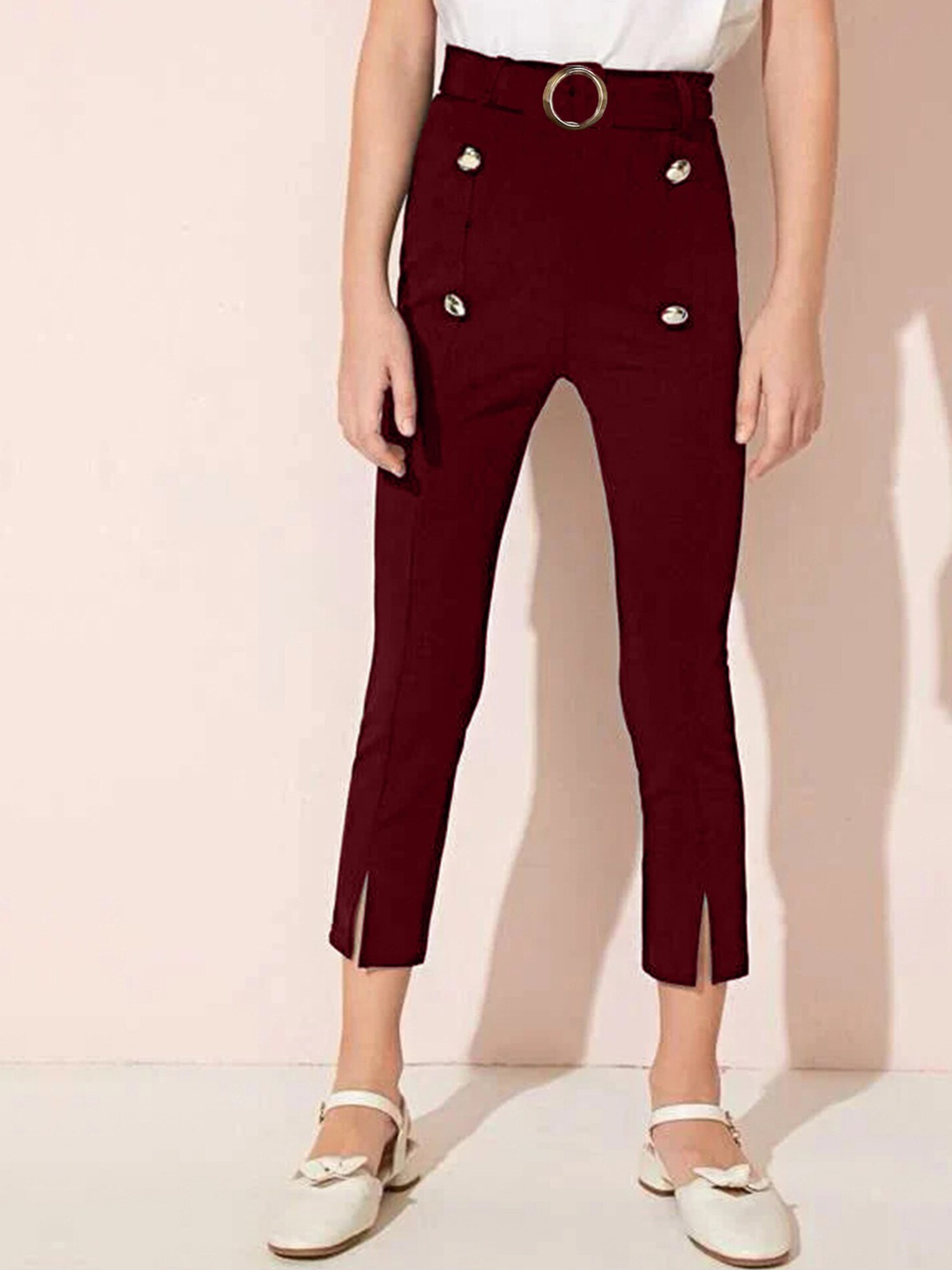 

ADDYVERO Girls Relaxed Fit Front Silt High-Rise Trousers, Maroon