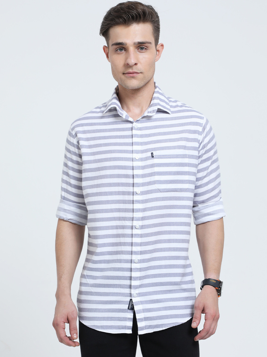

Rope Classic Horizontal Striped Pure Cotton Casual Shirt, Grey