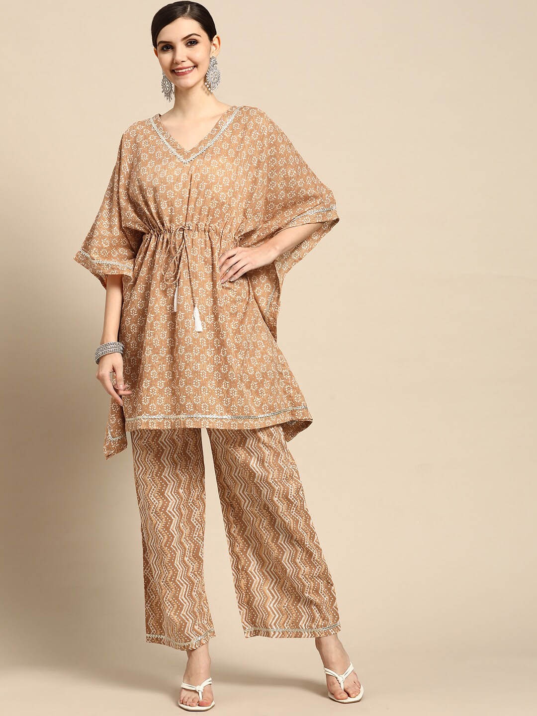 

Gerua By Libas Floral Printed Gotta Patti Kaftan Kurti with Palazzos, Beige