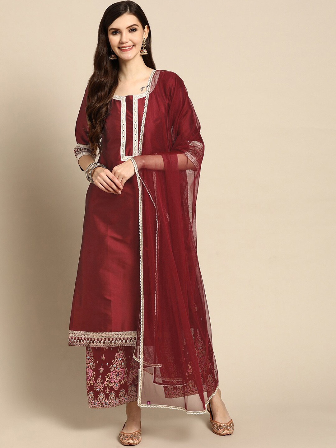 

Gerua By Libas Mirror Work Regular Kurta with Palazzos With Dupatta, Maroon