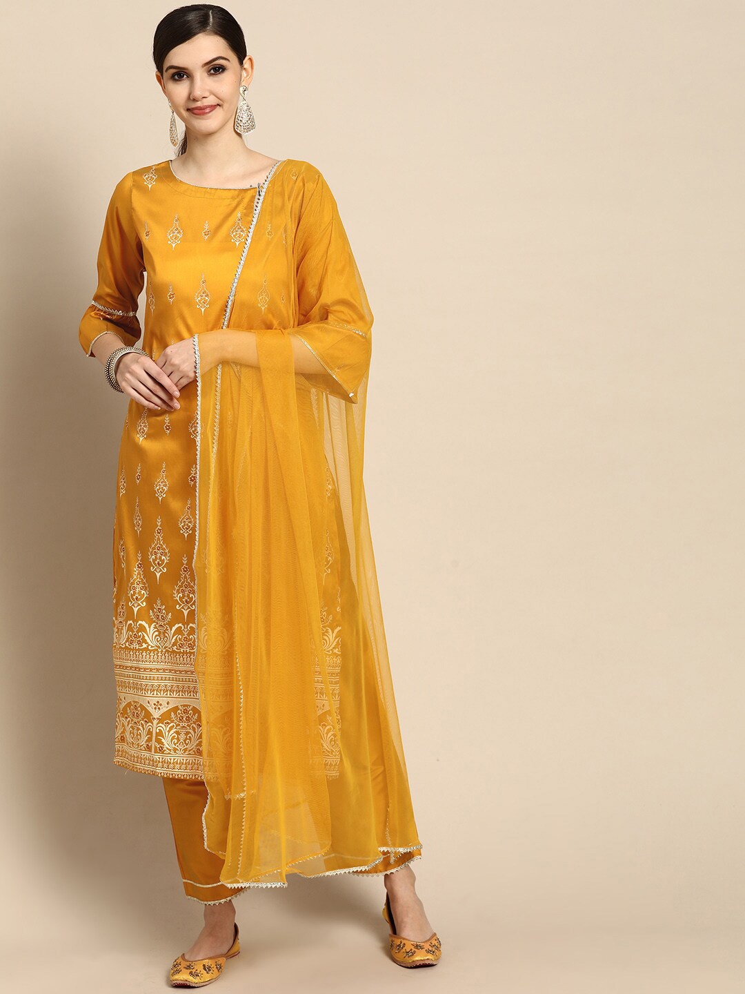 

Gerua By Libas Floral Printed Regular Kurta with Trousers With Dupatta, Mustard