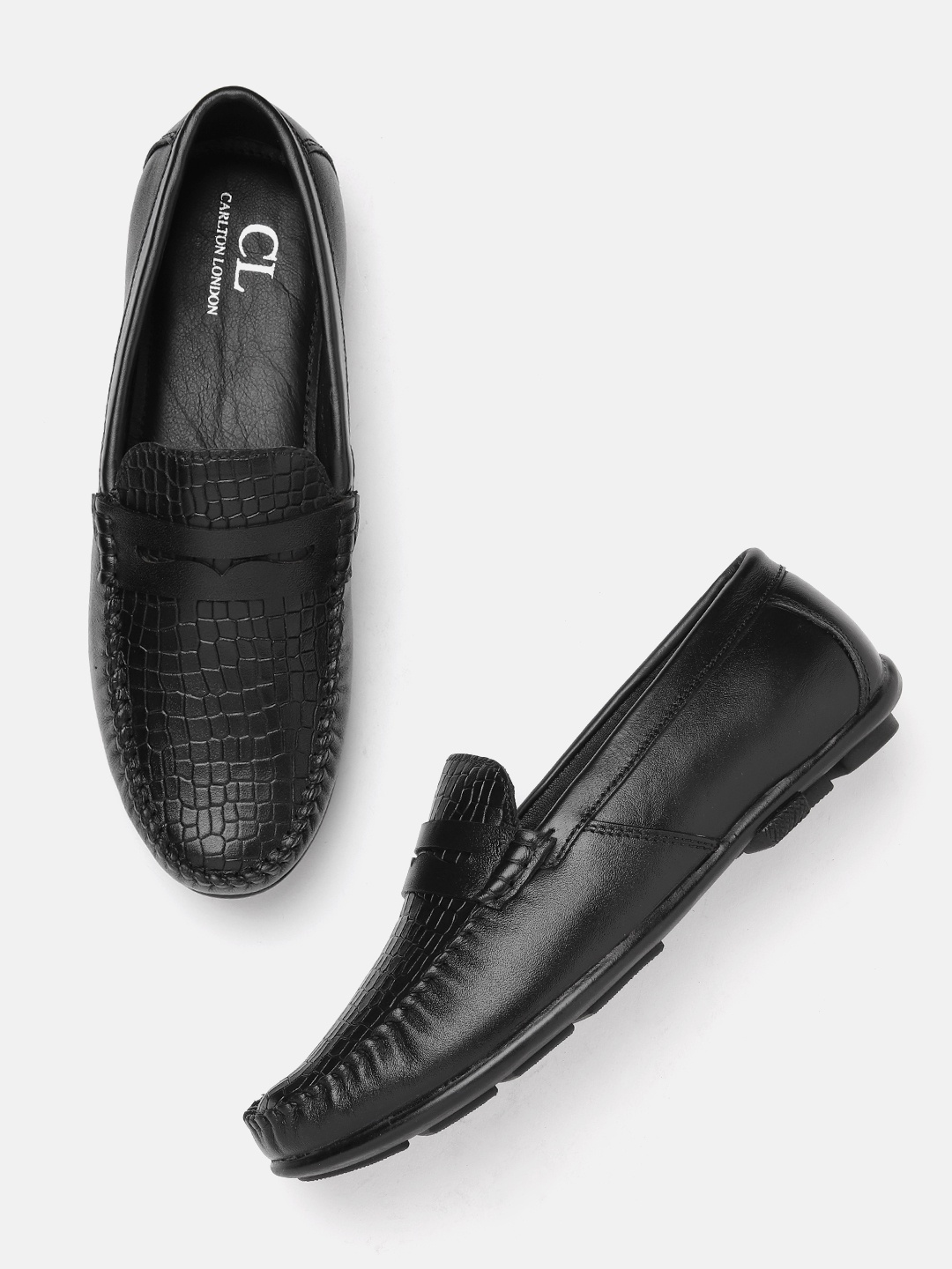 

Carlton London Men Croc Textured Leather Penny Loafers, Black