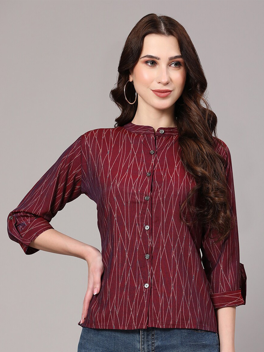 

V TRADITION Geometric Printed Mandarin Collar Shirt Style Top, Maroon