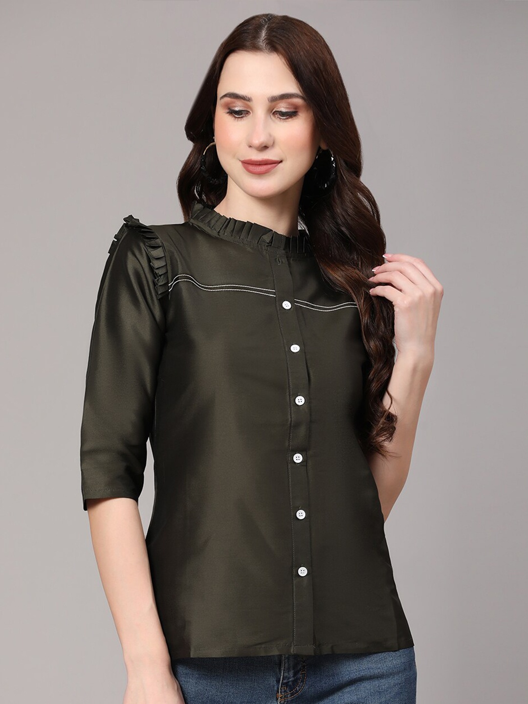 

V TRADITION High Neck Puff Sleeve Silk Blend Top, Green