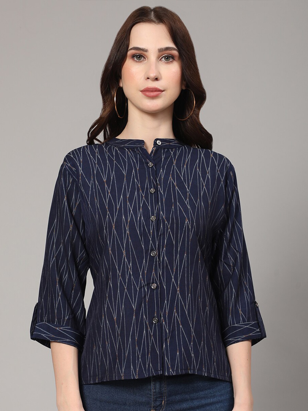 

V TRADITION Abstract Printed Mandarin Collar Shirt Style Top, Navy blue