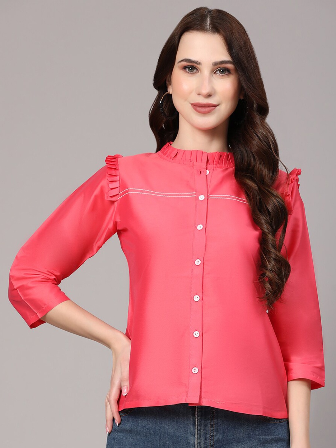 

V TRADITION Mandarin Collar Pleated Shirt Style Top, Red