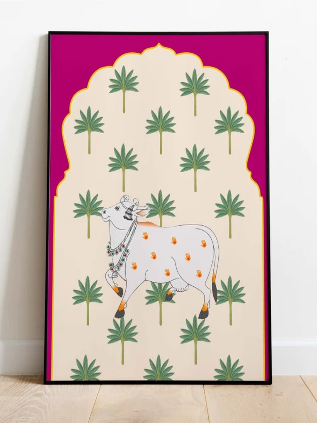

INDIAN CLASSIC ART Pink & Cream Indian Cow Pichwai Printed Framed Wall Art