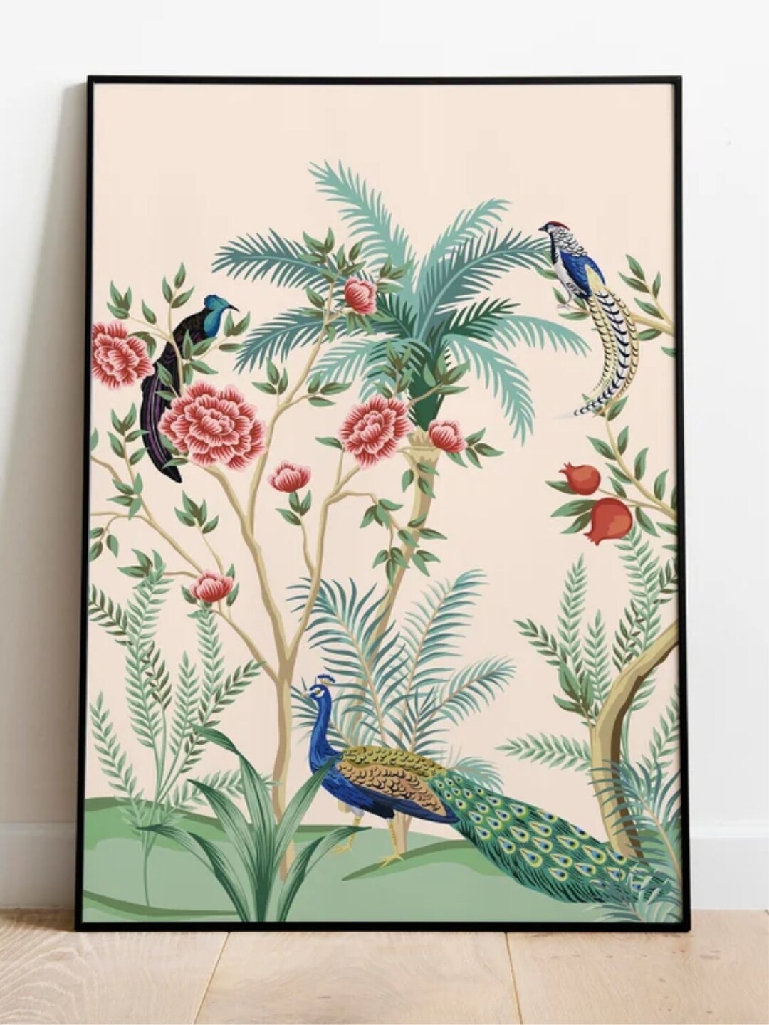 

INDIAN CLASSIC ART Beige & Green Indian Vintage Palace Peacock Painting Framed Wall Art