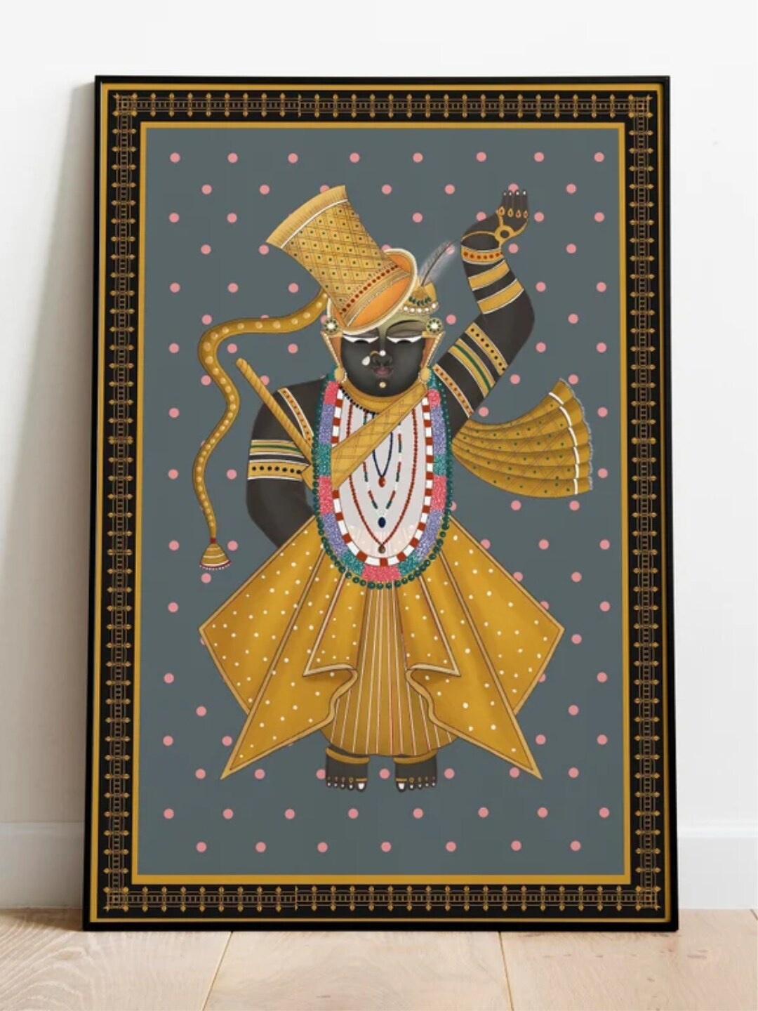 

INDIAN CLASSIC ART Grey & Brown Shreenathji Pichwai Paintng Framed Wall Art