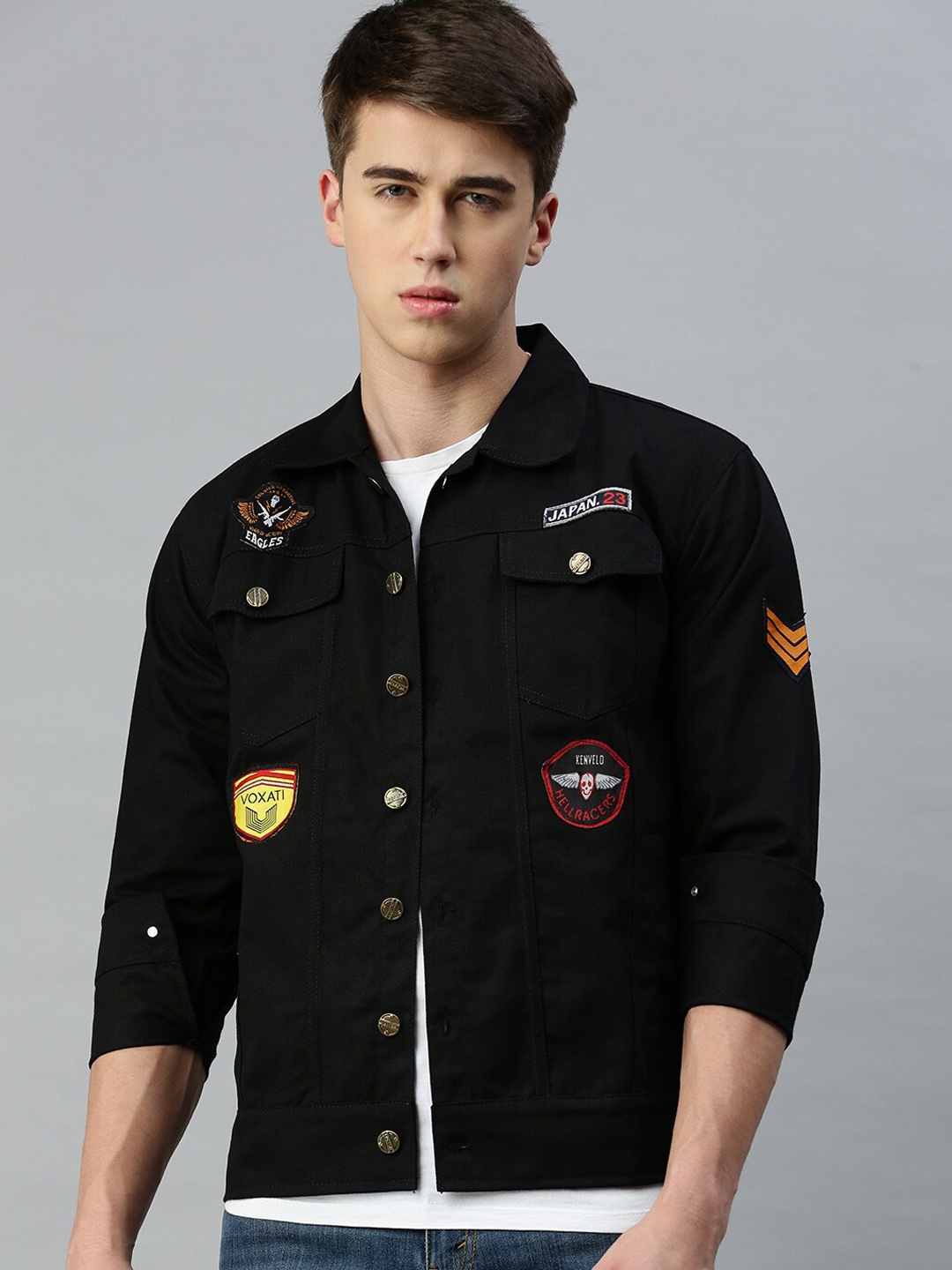 

VOXATI Patchwork Cotton Denim Jacket, Black