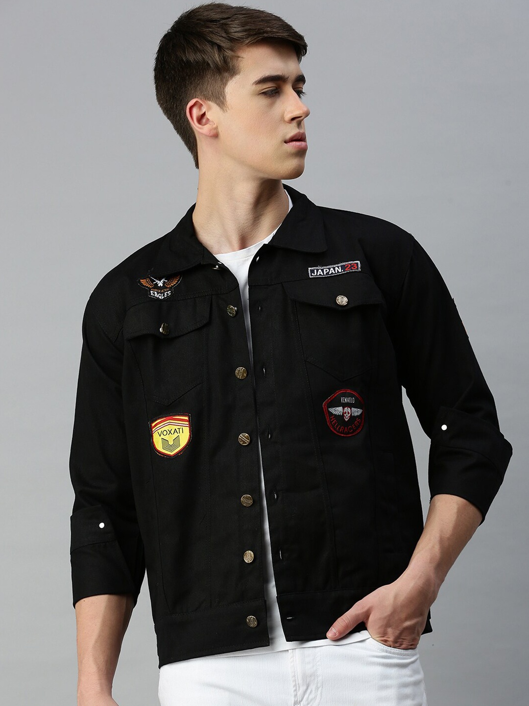 

VOXATI Patchwork Cotton Denim Jacket, Black
