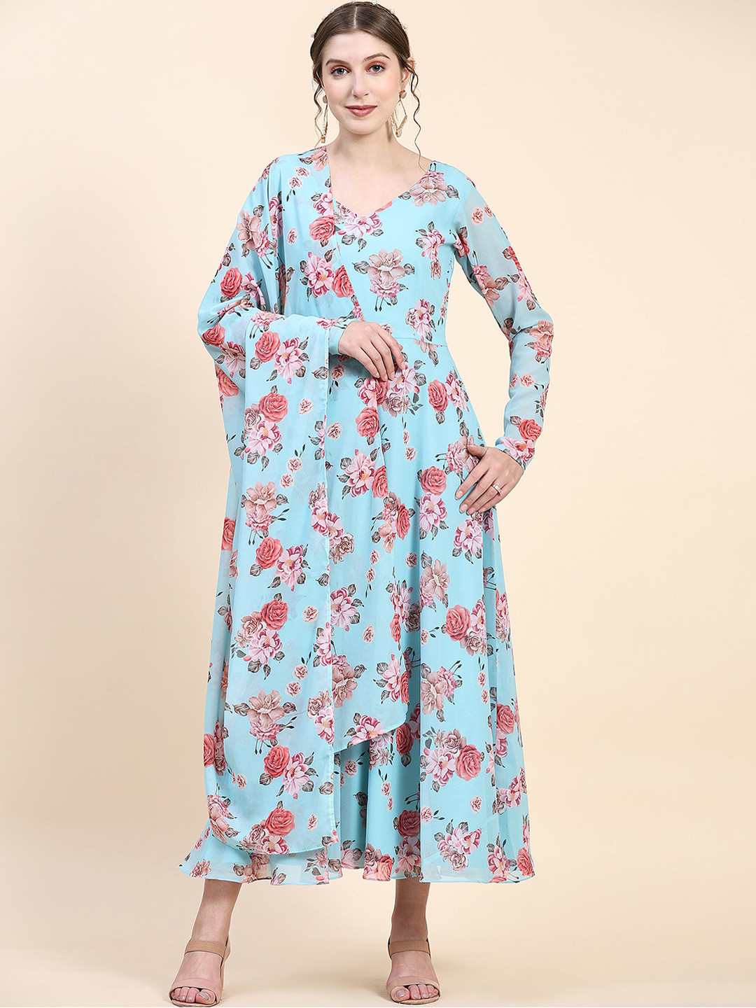 

KALINI Floral Printed Georgette Fit & Flared Gown With Dupatta, Blue