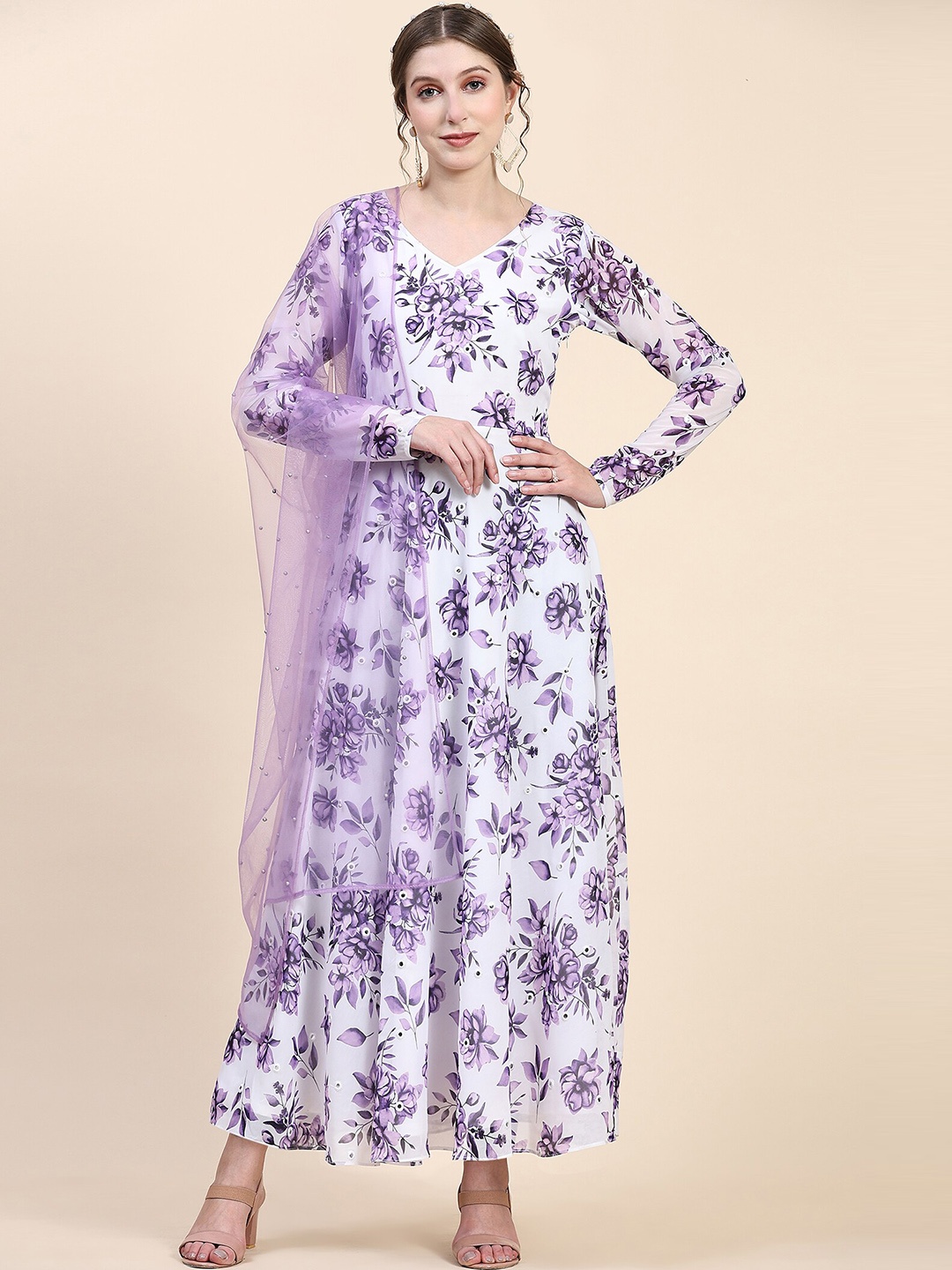 

KALINI Floral Printed Georgette Fit & Flared Gown With Dupatta, White