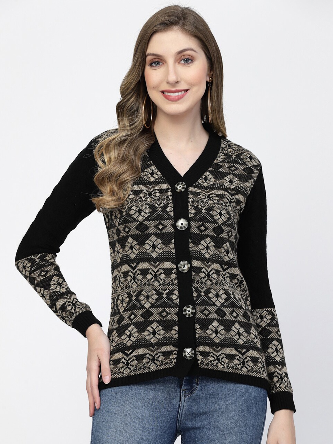 

Kalt Ethnic Motifs Self Design Acrylic Cardigan, Black