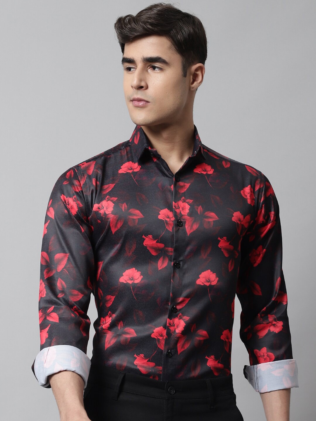

Majestic Man Premium Floral Printed Spread Collar Slim Fit Casual Shirt, Black