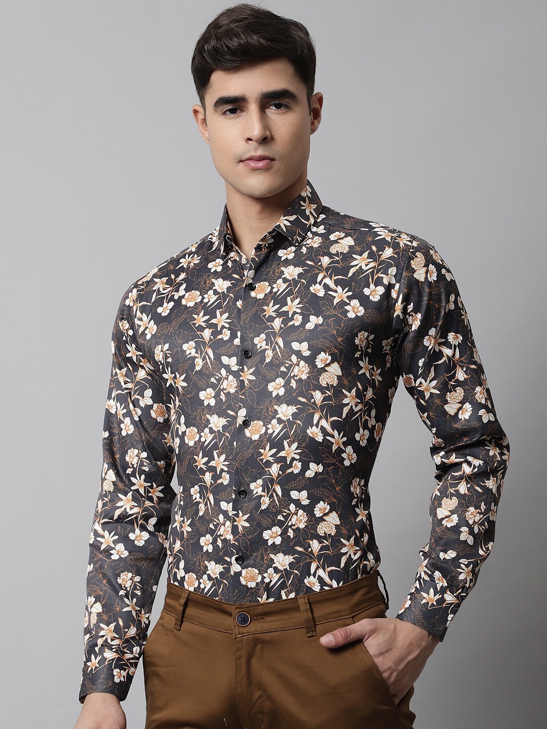 

Majestic Man Premium Floral Printed Spread Collar Slim Fit Casual Shirt, Brown