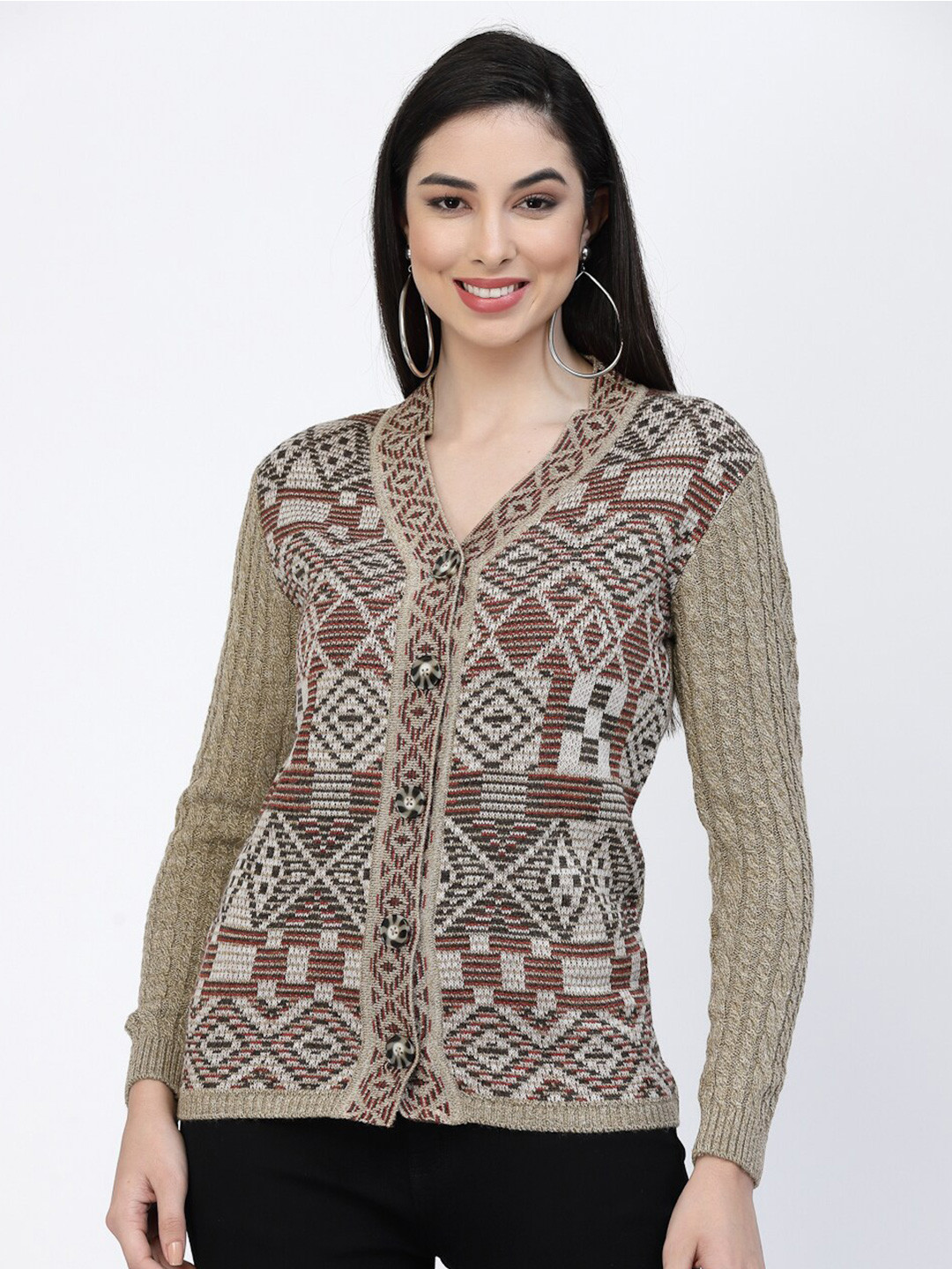 

Kalt Geometric Self Design Acrylic Cardigan, Beige