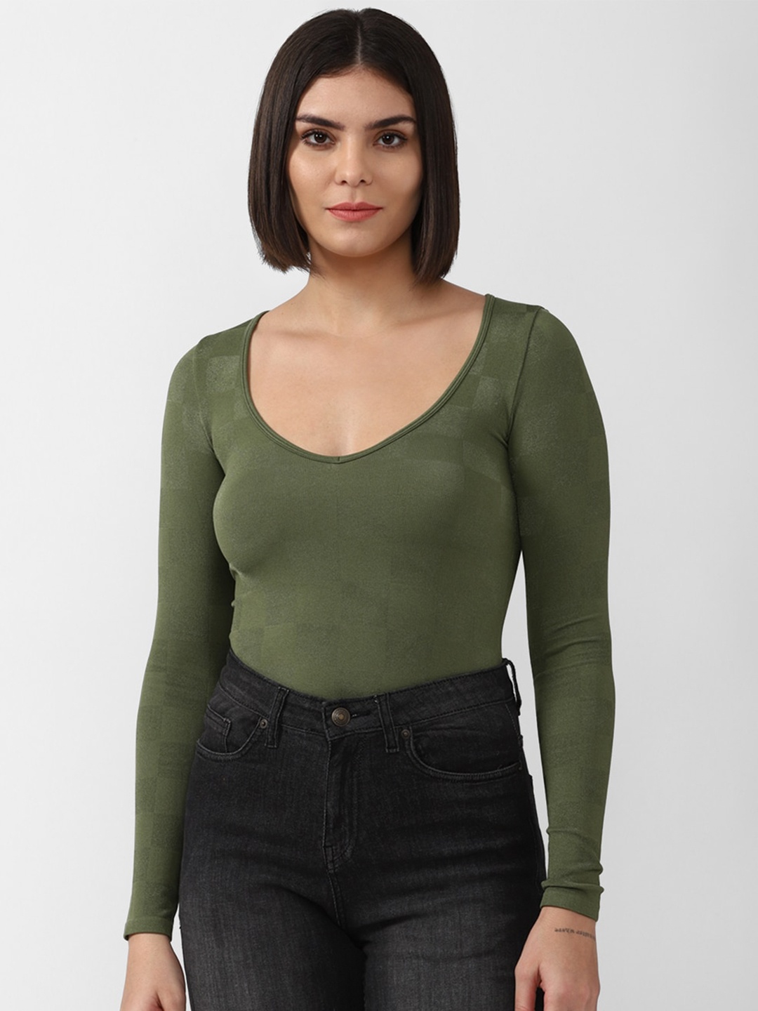 

FOREVER 21 Green Geometric Printed Scoop Neck Fitted Top, Olive
