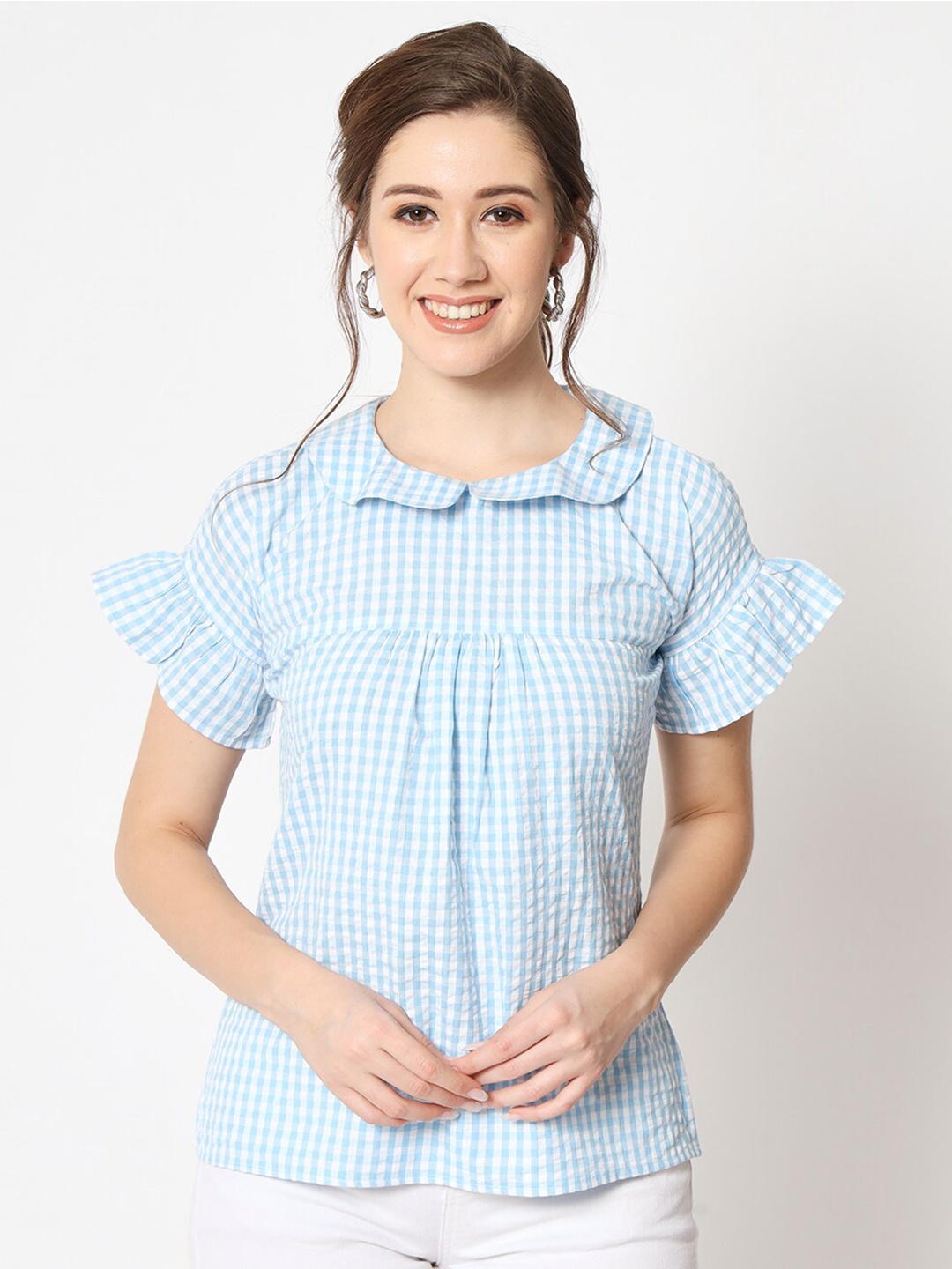 

CHARMGAL Checked Peter Pan Collar Bell Sleeve Top, Blue