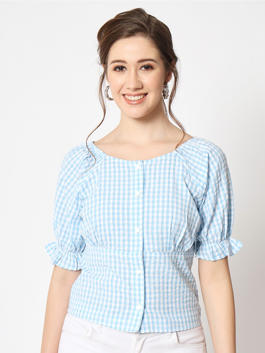 

CHARMGAL Checked Button Down Ruffled Sleeve Top, Blue