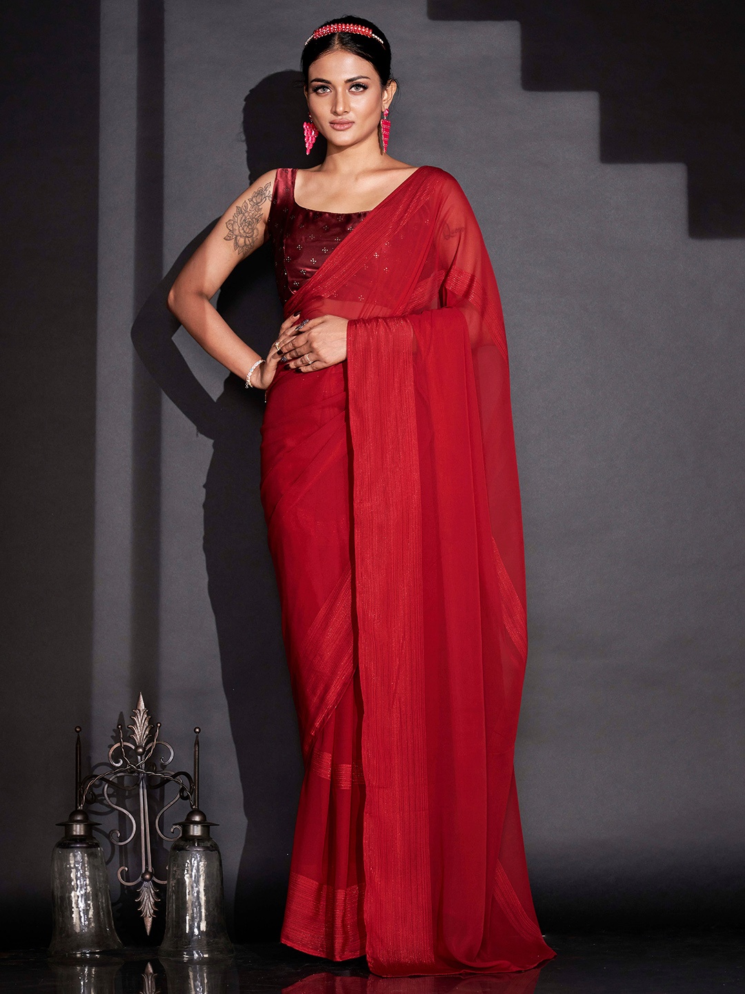 

Tikhi Imli Red Striped Ready to Wear Saree