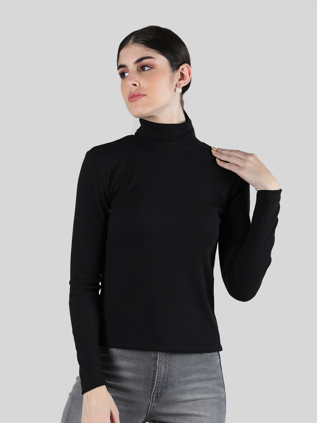 

KEPA Women High Neck Long Sleeves Cotton T-shirt, Black