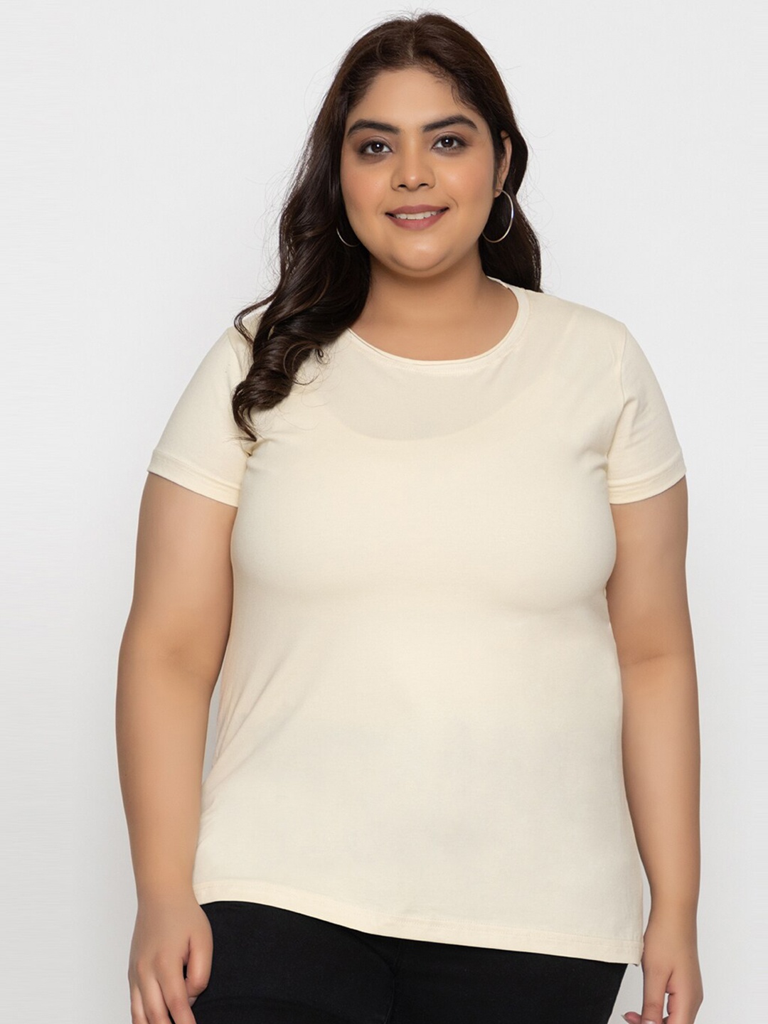 

KEPA Plus Size Women Round Neck Cotton T-shirt, Cream