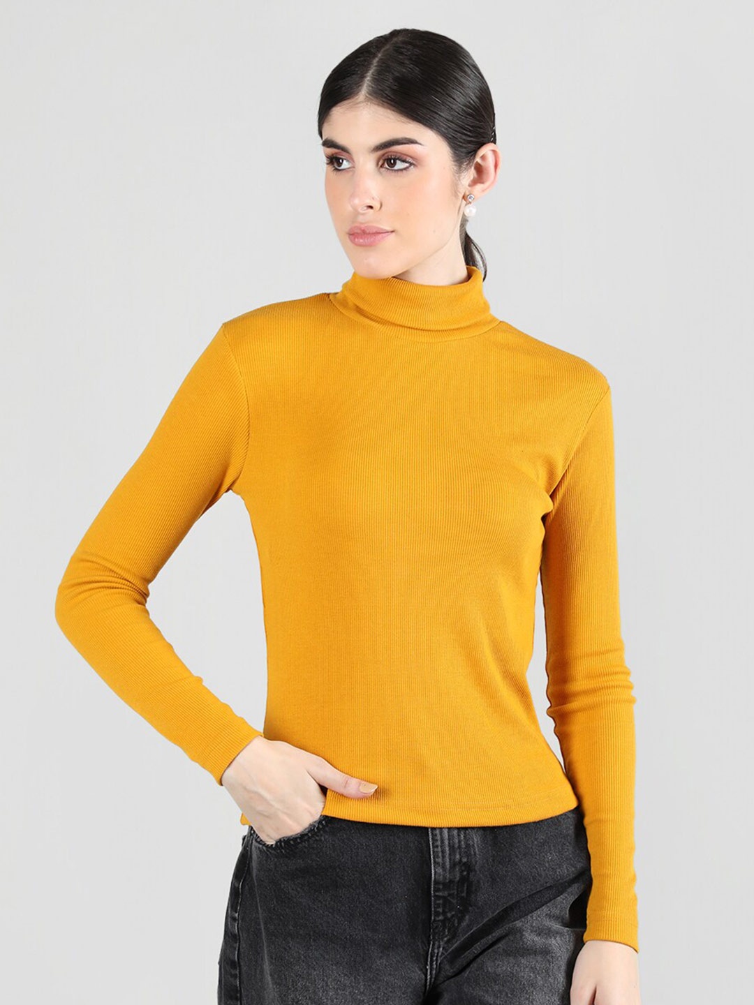

KEPA Turtle Neck Long Sleeve Ribbed T-shirt, Mustard