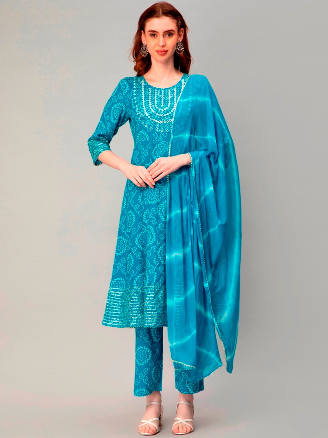 

misbis Ethnic Motifs Printed Mirror Work Gotta Patti Kurta with Palazzos & Dupatta, Turquoise blue