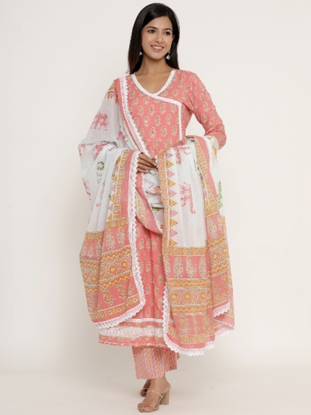 

misbis Paisley Printed Sequined Lace Detail Angrakha Kurta with Palazzos & Dupatta, Peach