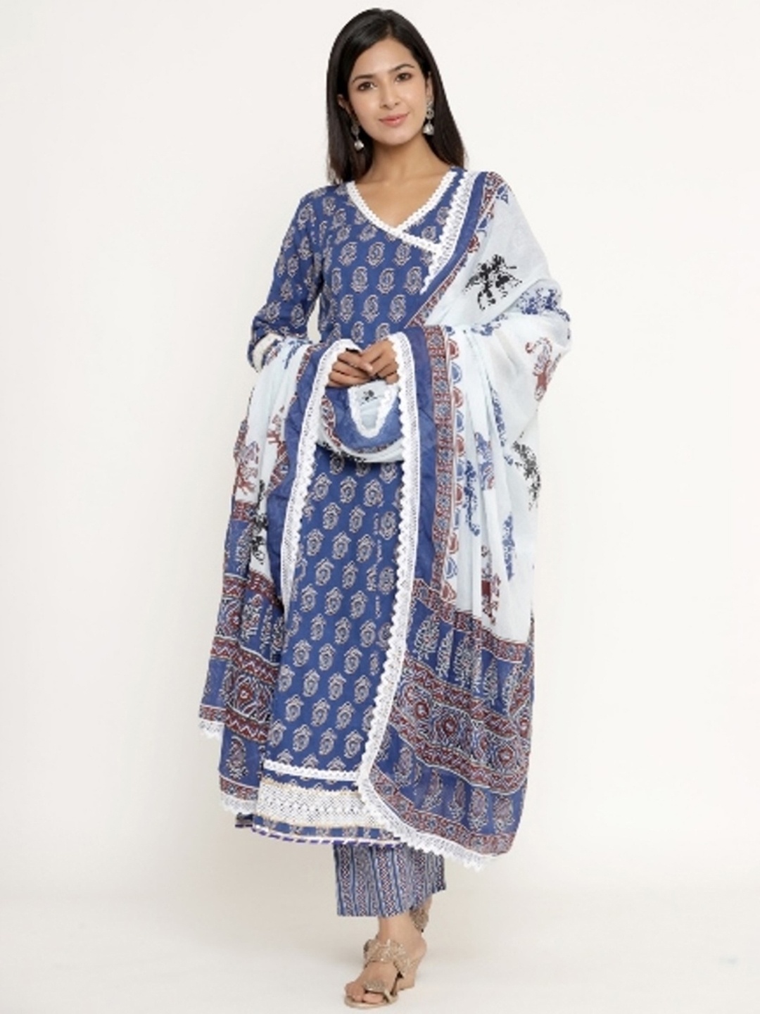 

misbis Paisley Printed Angrakha Kurta with Trousers & Dupatta, Navy blue