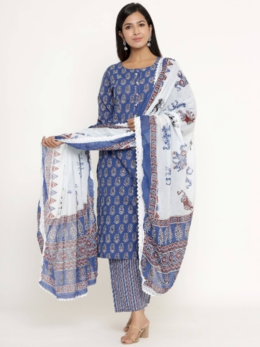 

misbis Floral Printed Kurta with Palazzos & Dupatta, Navy blue
