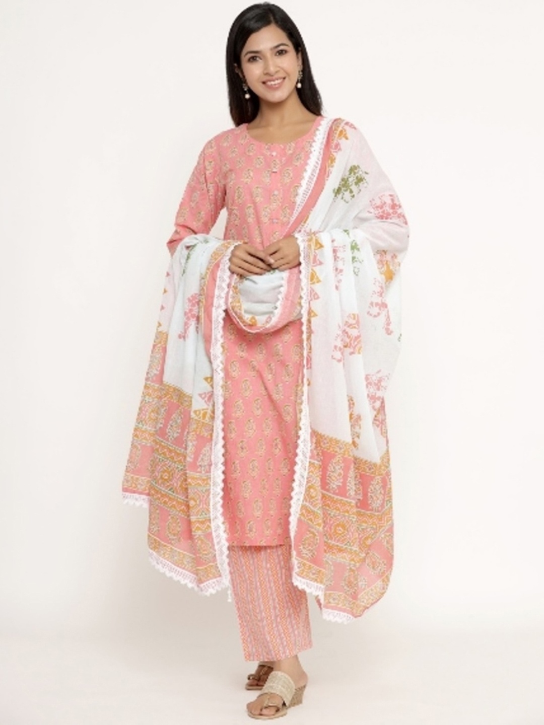 

misbis Paisley Printed Kurta with Palazzos & Dupatta, Peach