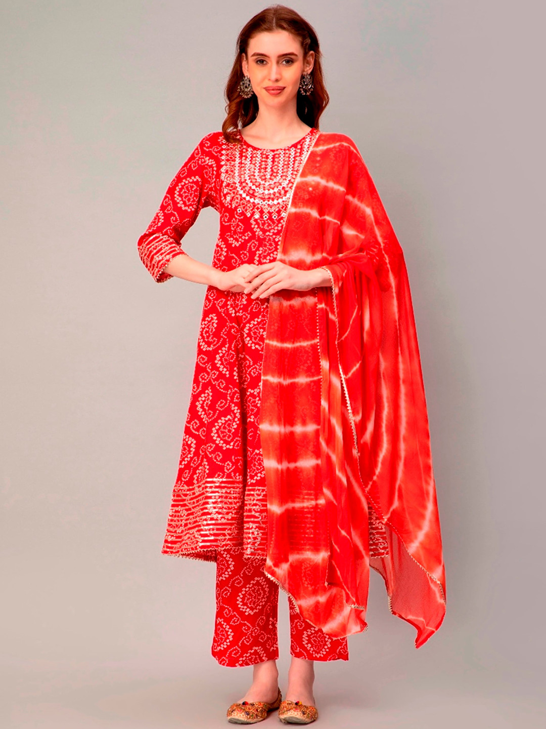 

misbis Ethnic Motifs Printed Mirror Work Gotta Patti Kurta with Palazzos & Dupatta, Red