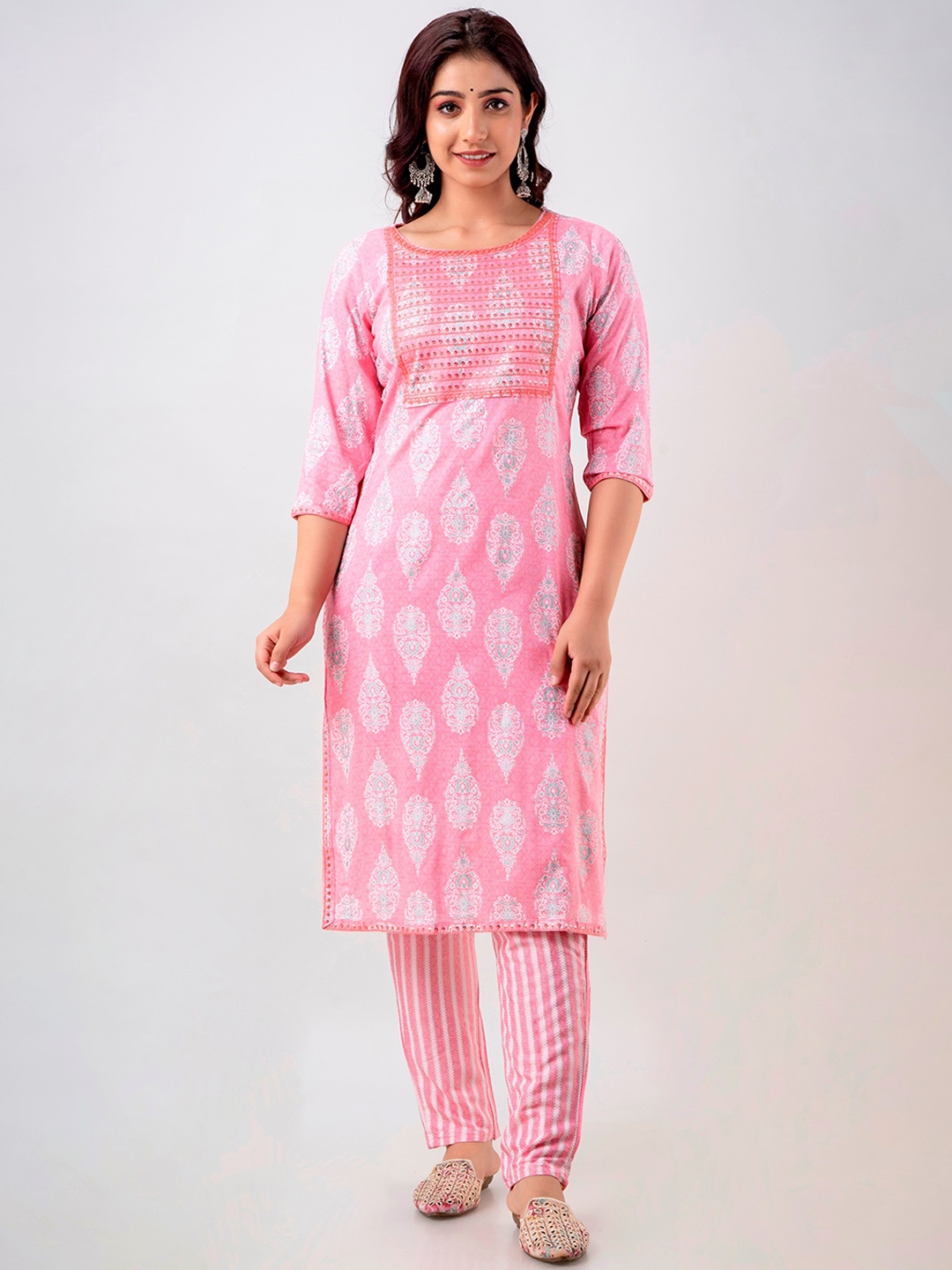 

misbis Ethnic Motifs Printed Thread Work Sequined Kurta with Palazzos, Pink