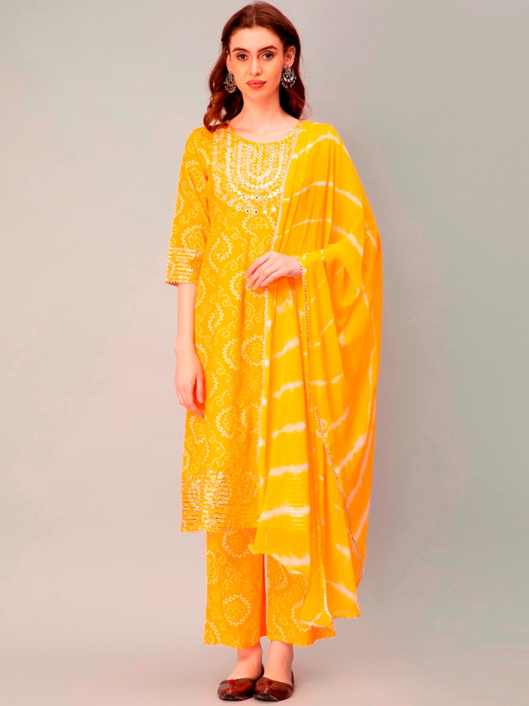 

misbis Ethnic Motifs Printed Mirror Work Gotta Patti Kurta with Palazzos & Dupatta, Yellow