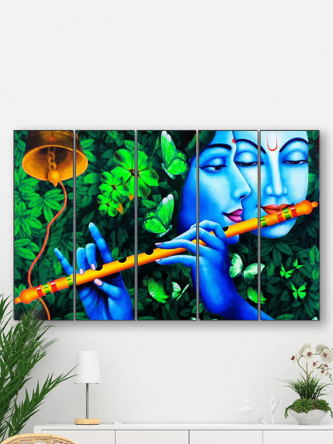 

SAF Green & Blue 5 Pieces Radha Krishna UV Textured Painting Wall Art