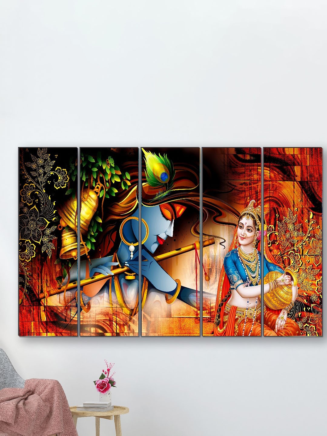 

SAF Red & Orange-Colored 5 Pieces UV Textured Radha Krishna Painting Wall Art