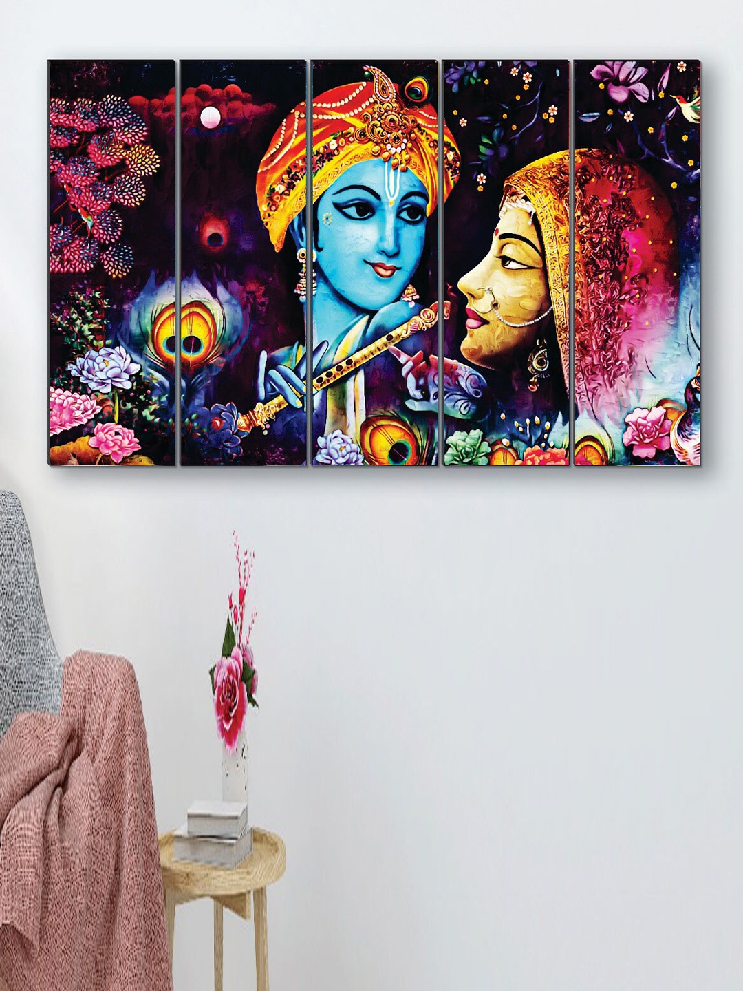

SAF Blue & Pink 5 Pieces Radha Krishna Printed Wooden UV Textured Wall Arts