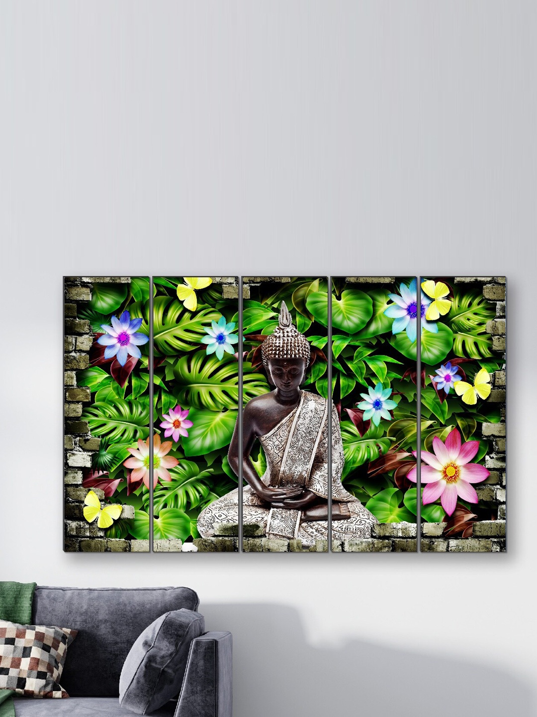 

SAF Green & Pink 5 Pieces Buddha Printed Wooden UV Textured Wall Arts