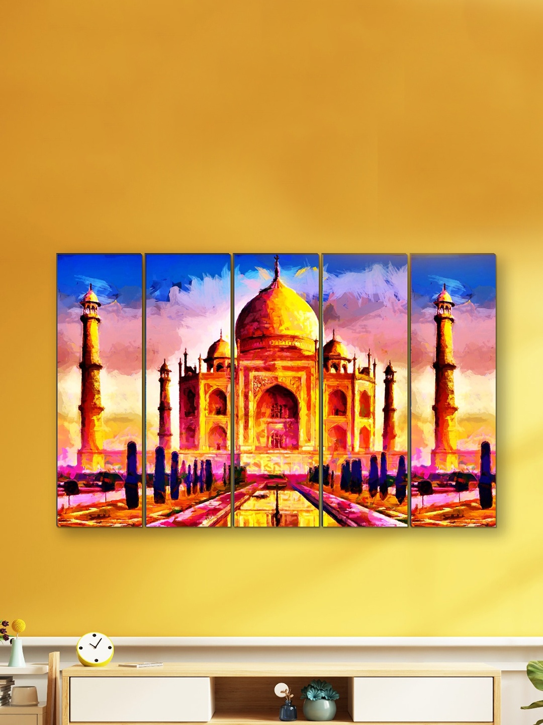 

SAF Green & Blue 5 Pieces UV Textured The Great Taj Painting, Orange