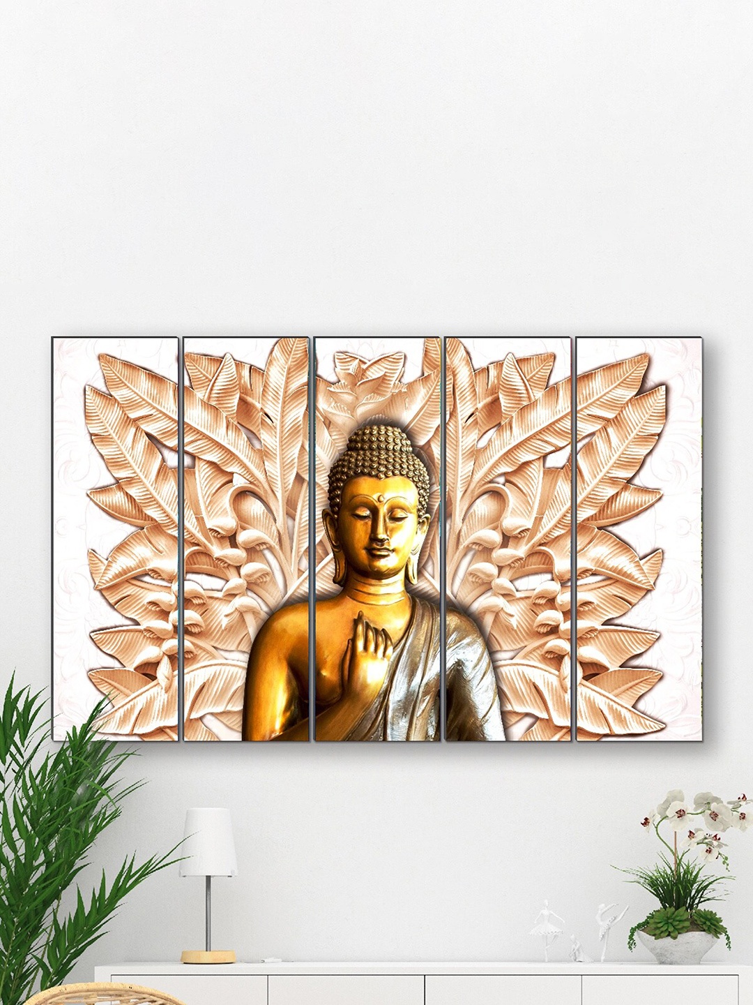 

SAF White & Brown 5 Pieces Buddha Printed Wooden UV Textured Wall Arts