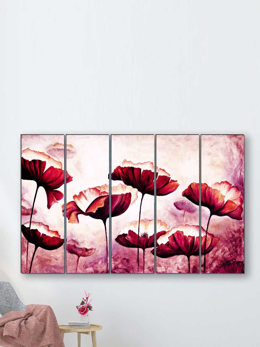 

SAF Pink 5 Pieces Pretty Flower UV Textured Painting Wall Art