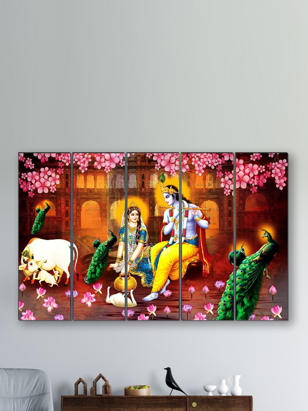 

SAF Pink & Yellow 5 Pieces Radha Krishna UV Textured Religious Theme Painting Wall Art