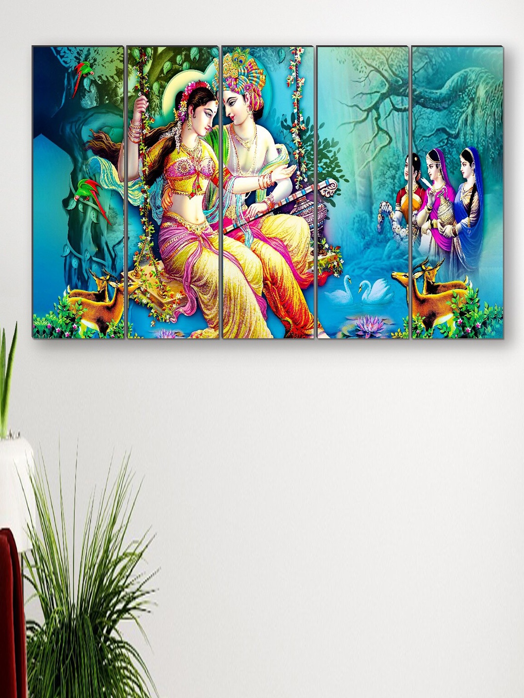 

SAF Blue & Yellow 5 Pieces Radha Krishna Printed Wooden UV Textured Wall Arts