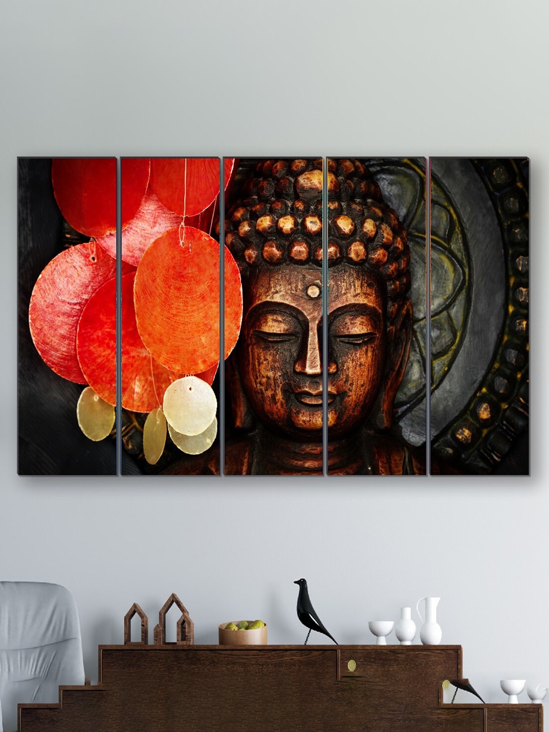

SAF Red & Brown 5 Pieces Buddha UV Textured Religious Theme Painting Wall Art