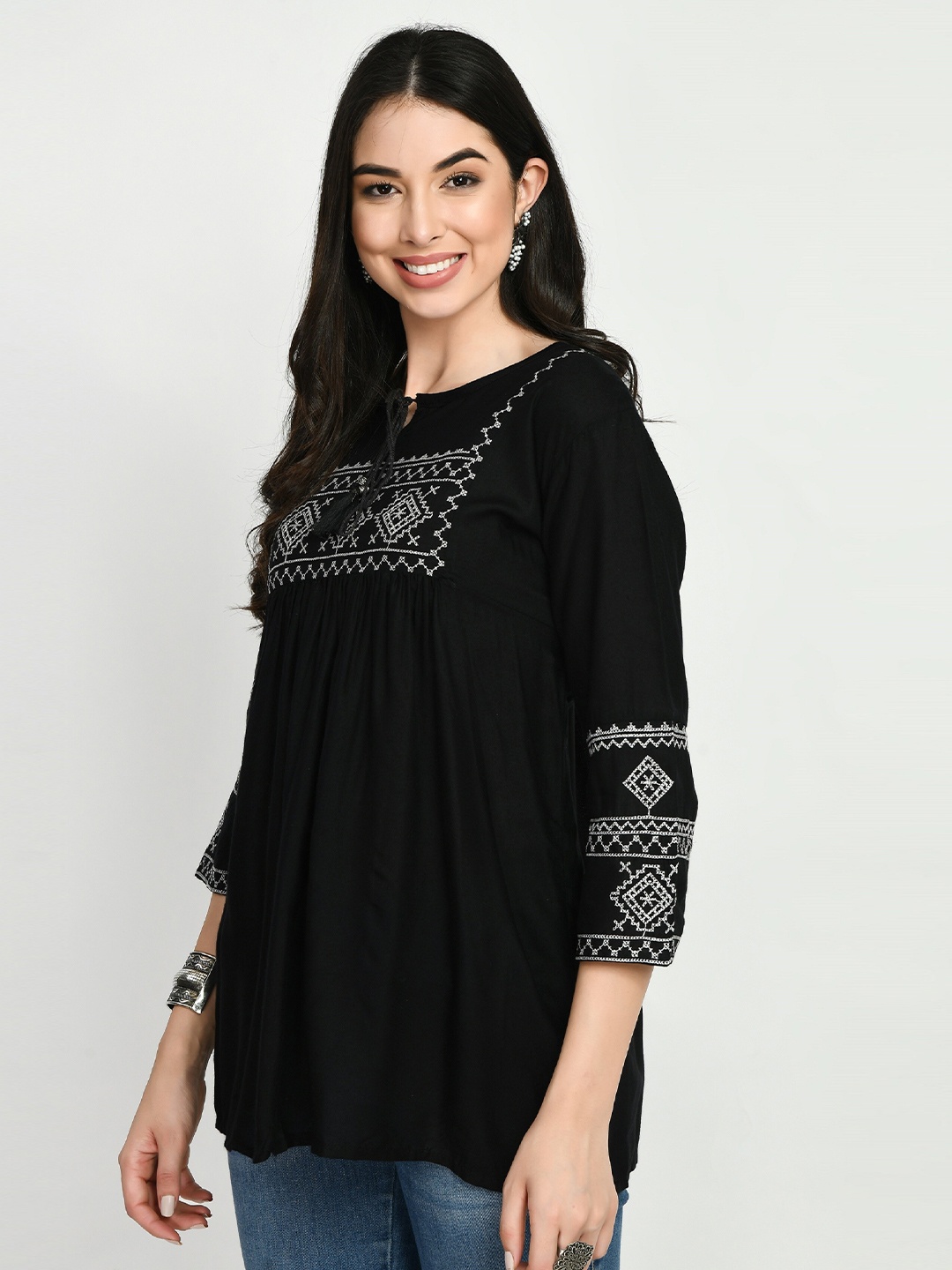 

Shiv Textiles Embroidered Tie-Up Neck Kurti, Black