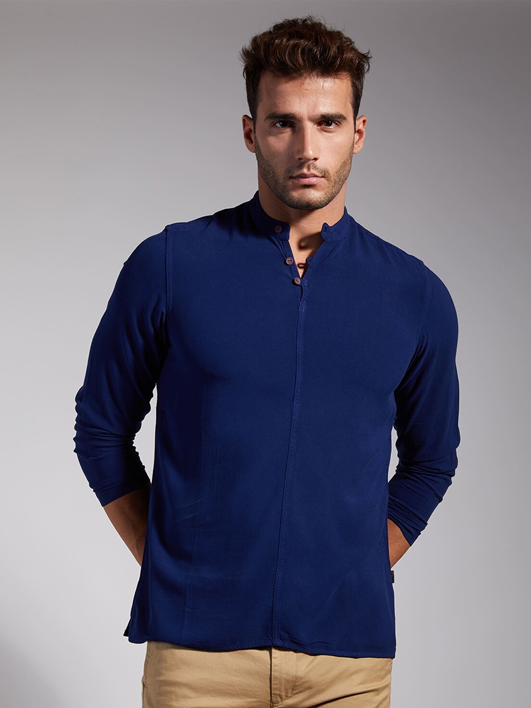 

IDENTITI Classic Slim Fit Band Collar Casual Shirt, Navy blue