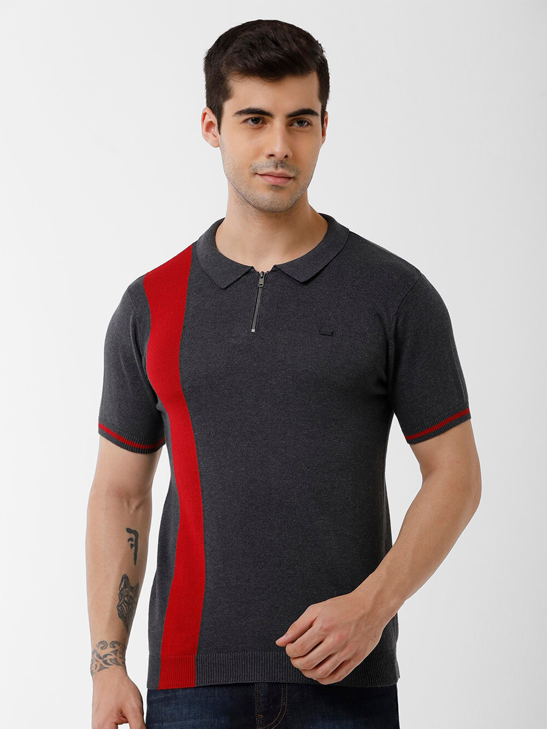 

IDENTITI Colourblocked Polo Collar Slim Fit Pure Cotton T-shirt, Grey