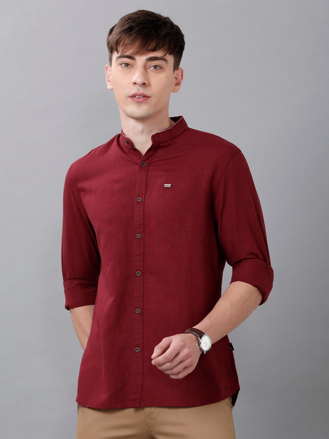 

IDENTITI Classic Slim Fit Pure Linen Casual Shirt, Maroon